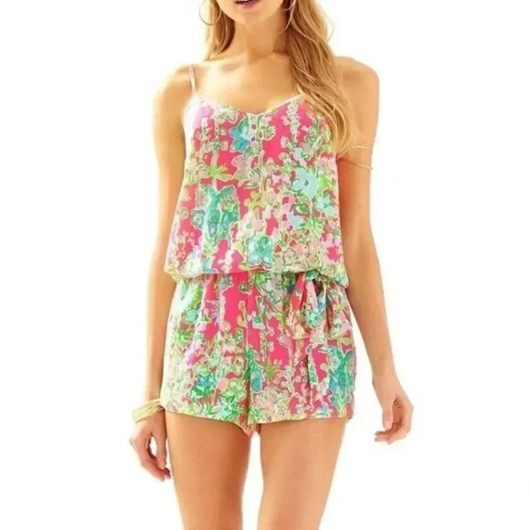 Lilly Pulitzer Deanna Tank Hot Pink Floral Mini Romper M - Picture 1 of 8